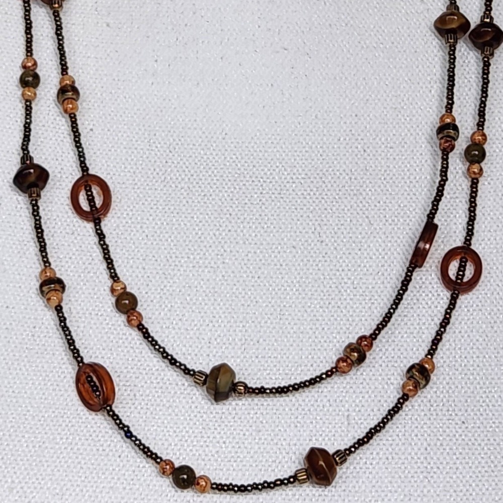 Mei Fa Necklace Amber Color‎ Glass Beads + Plastic Discs. 26" Long or Double up!